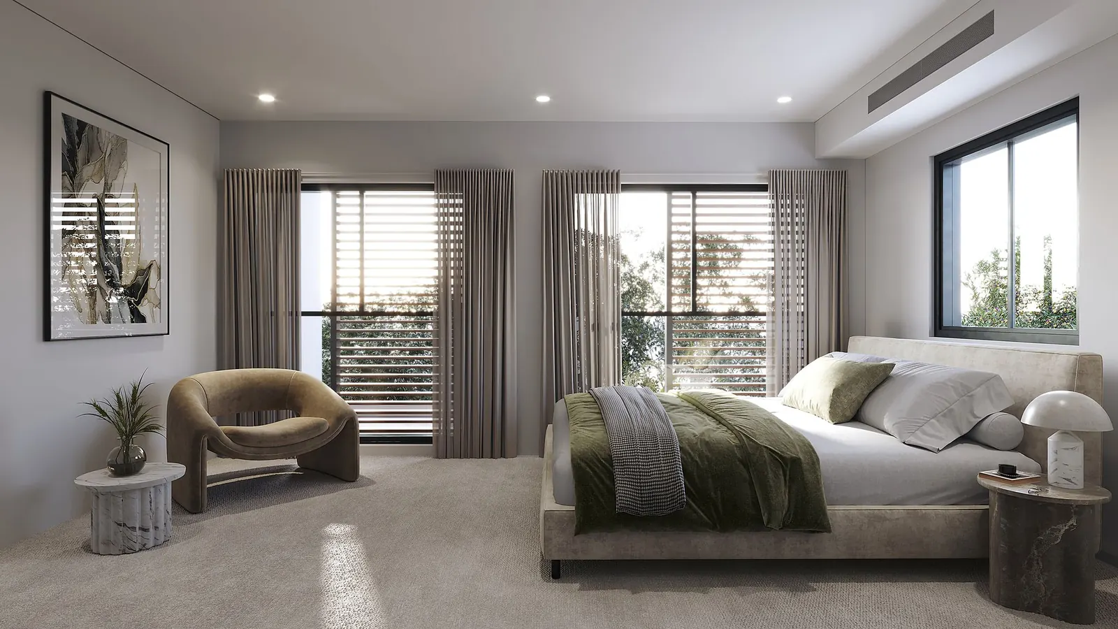 Light filled bedroom with large windows at Allura Hills