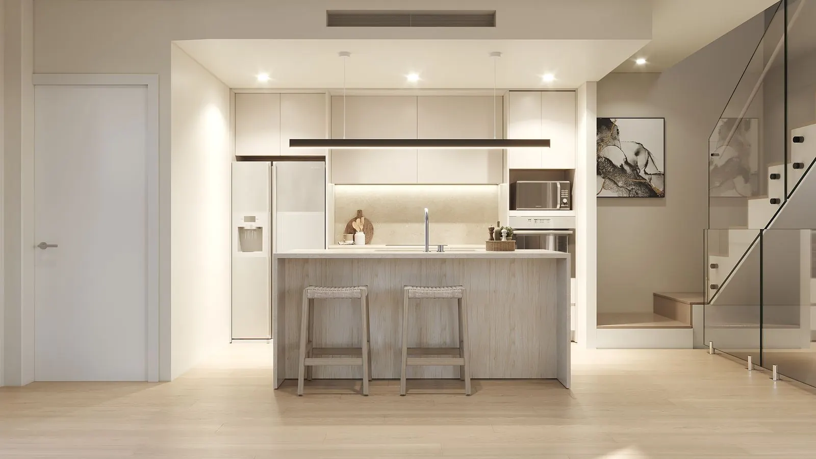 Kitchen with stone island bench and staircase at Allura Hills