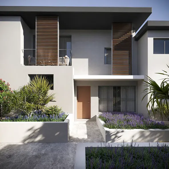 Residence entries with timber screens and landscaped planters at Allura Hills